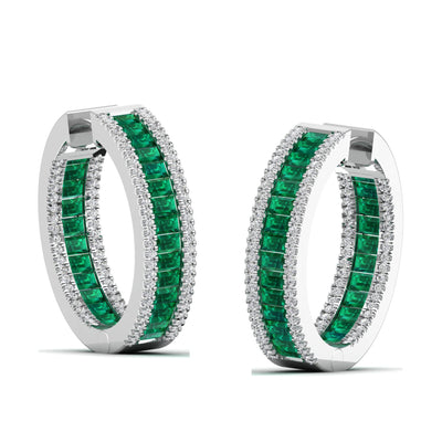 Triple Row Baguette Emerald and Diamond Hoops