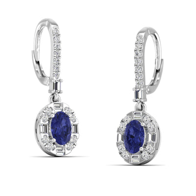 Oval Tanzanite Halo Baguette Diamond Dangle Earrings