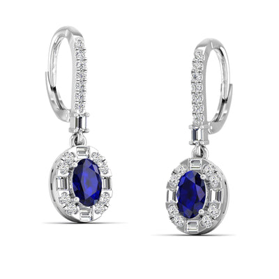 Oval Sapphire Halo Baguette and Round Diamond Dangle Earrings
