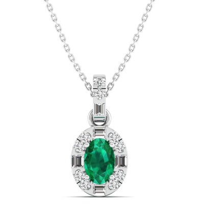 Oval Emerald Halo Baguette Diamond Pendant