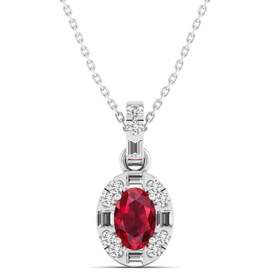 Oval Ruby Halo Baguette Diamond Pendant