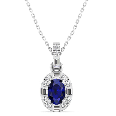 Oval Sapphire Halo Baguette Diamond Pendant