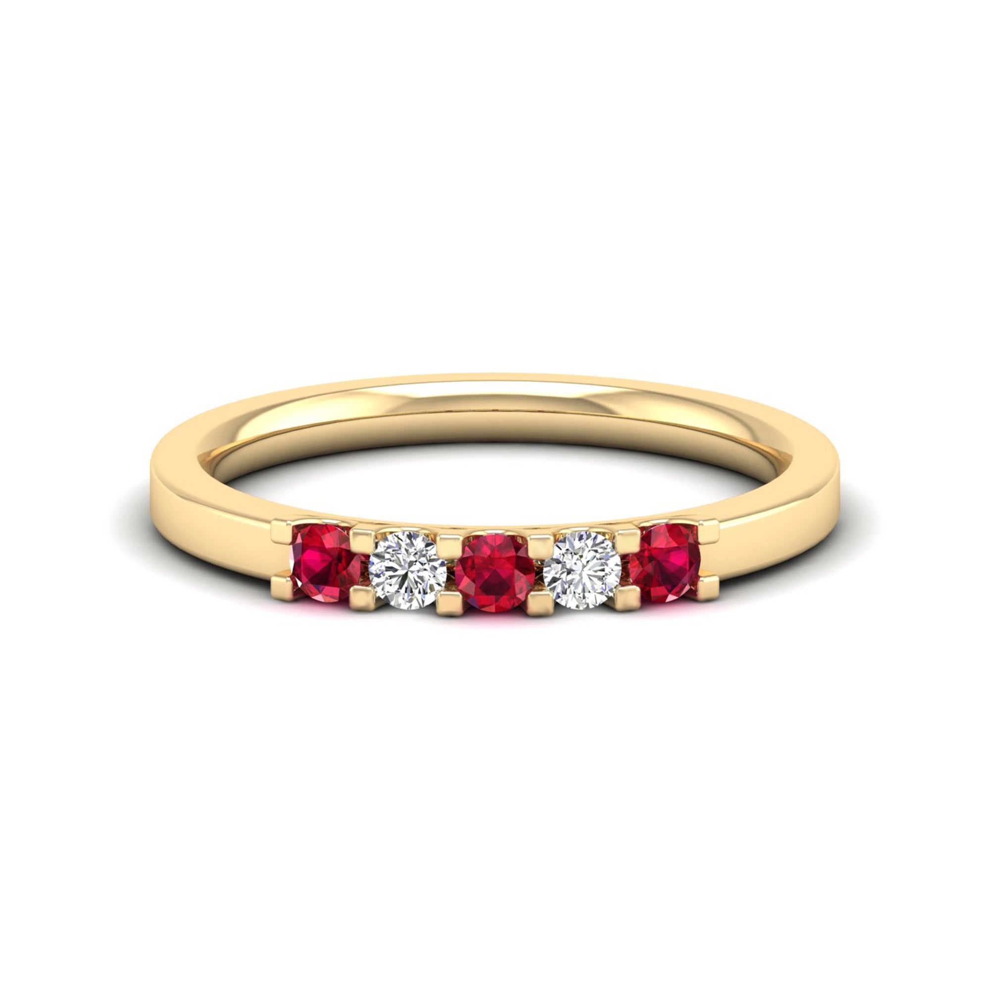 Alternating diamond and ruby gemstones in 14k yellow gold on a white background