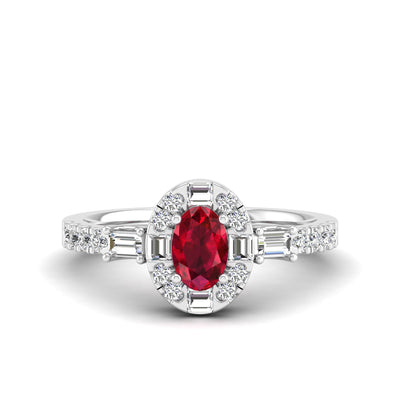 Oval Ruby with Halo Round and Baguette Diamond Ring