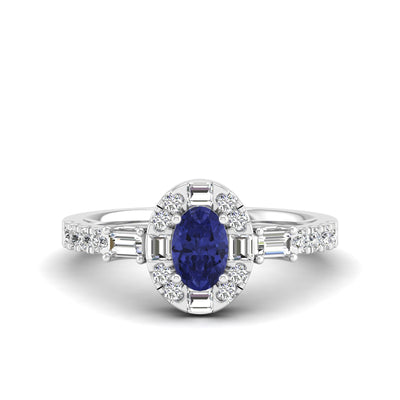 Oval Tanzanite with Halo Round and Baguette Diamond Ring